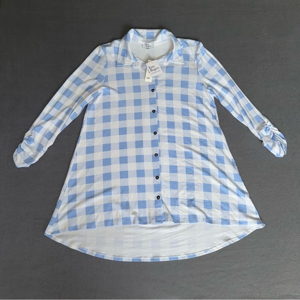 NEW Kim Rogers Light Blue and White high low soft Tunic Stretch ‎ size Small